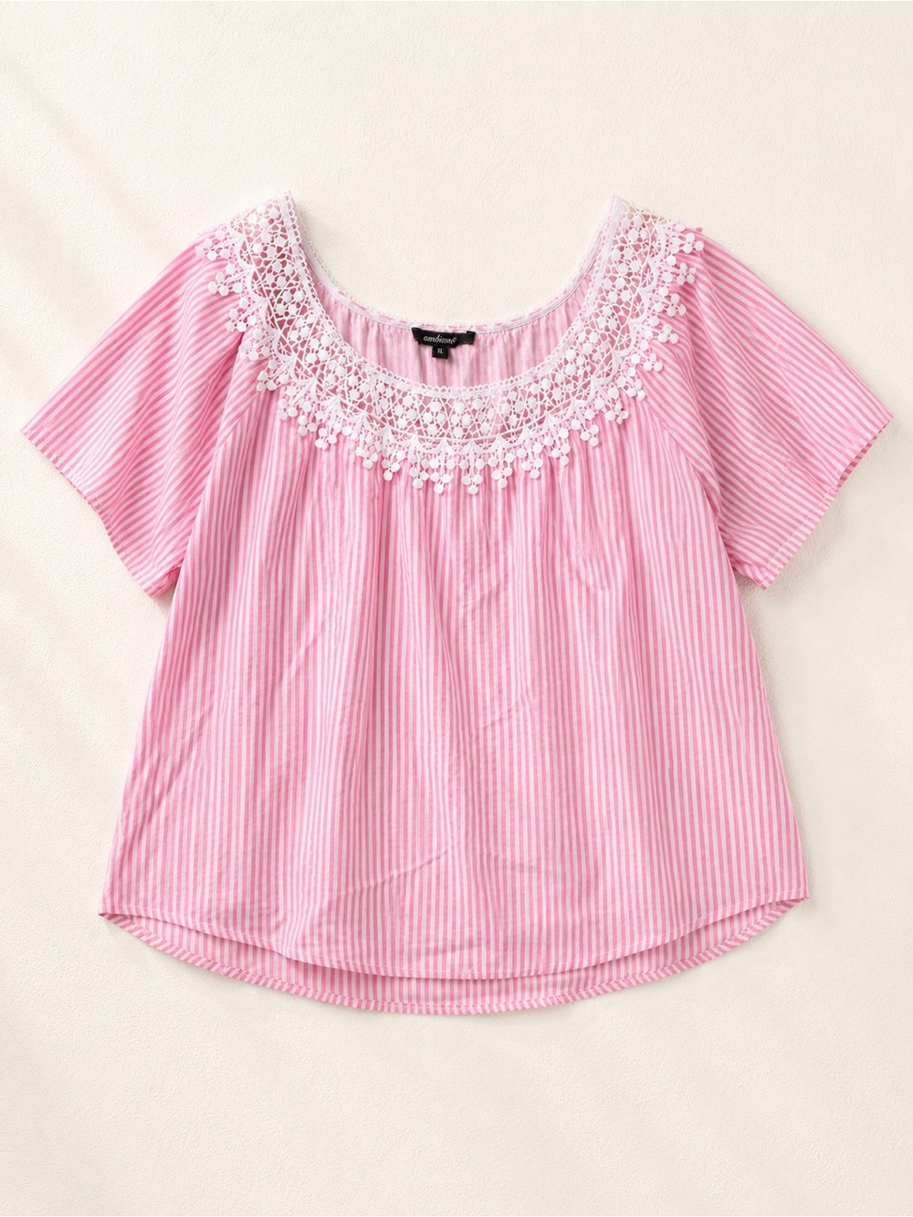 Ambiance Pink & White Striped Lace Trim Peasant Top XL